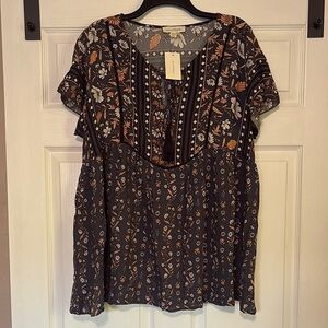 Blue and Black Graphic Embellished Blouse